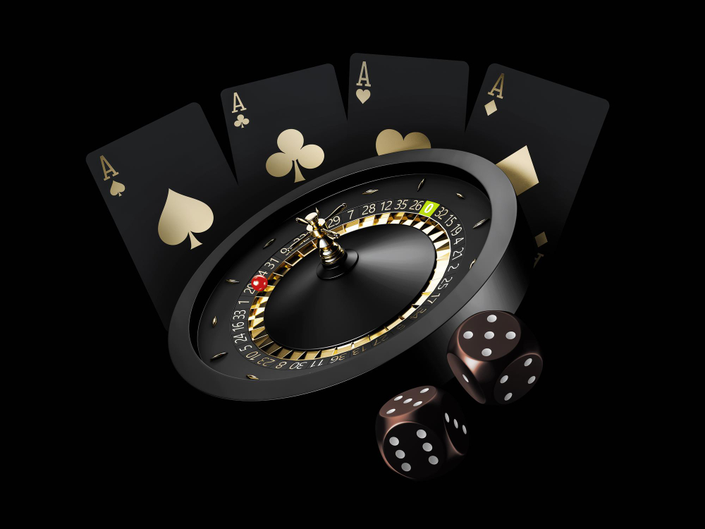 3d rendering casino roulette wheel with pokers cards casino dices clipping path included